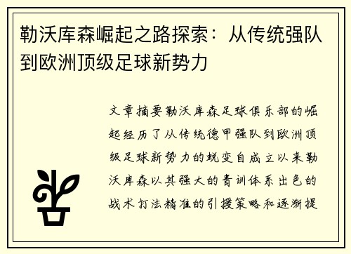 勒沃库森崛起之路探索：从传统强队到欧洲顶级足球新势力