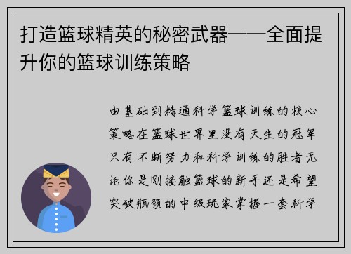 打造篮球精英的秘密武器——全面提升你的篮球训练策略