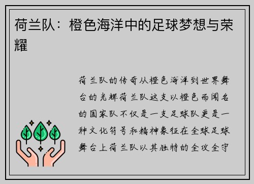 荷兰队：橙色海洋中的足球梦想与荣耀