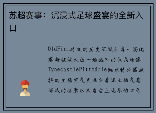 苏超赛事：沉浸式足球盛宴的全新入口