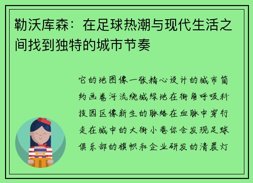 勒沃库森：在足球热潮与现代生活之间找到独特的城市节奏
